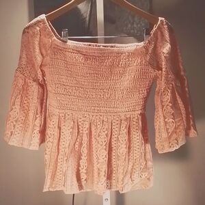 A. Calin Flying Tomato...Peach Lace Off-Shoulder Top